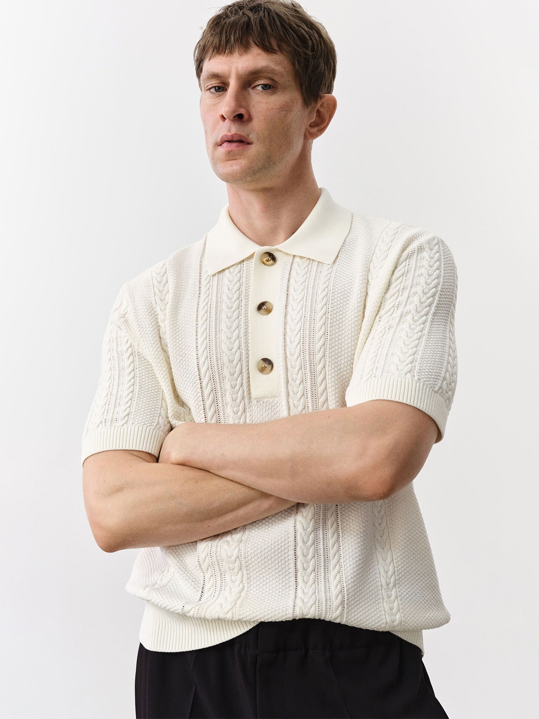 

H&M Regular Fit Cable-Knit Polo Shirt, White