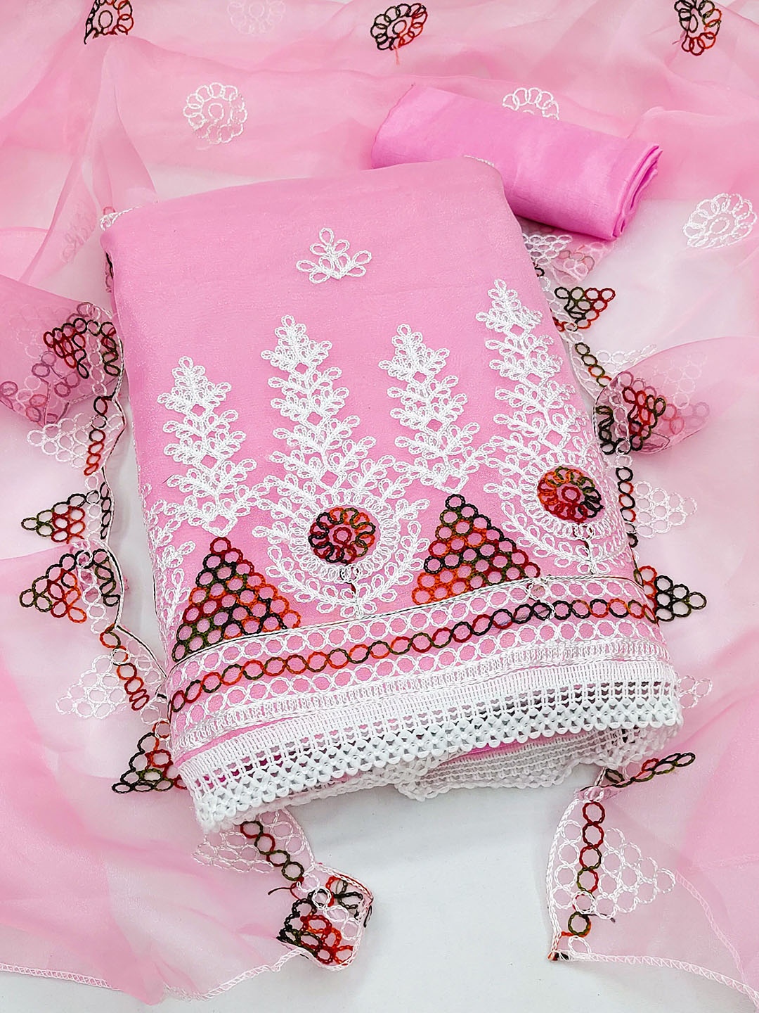 

SHADOW & SAINING Embroidered Organza Unstitched Dress Material, Pink