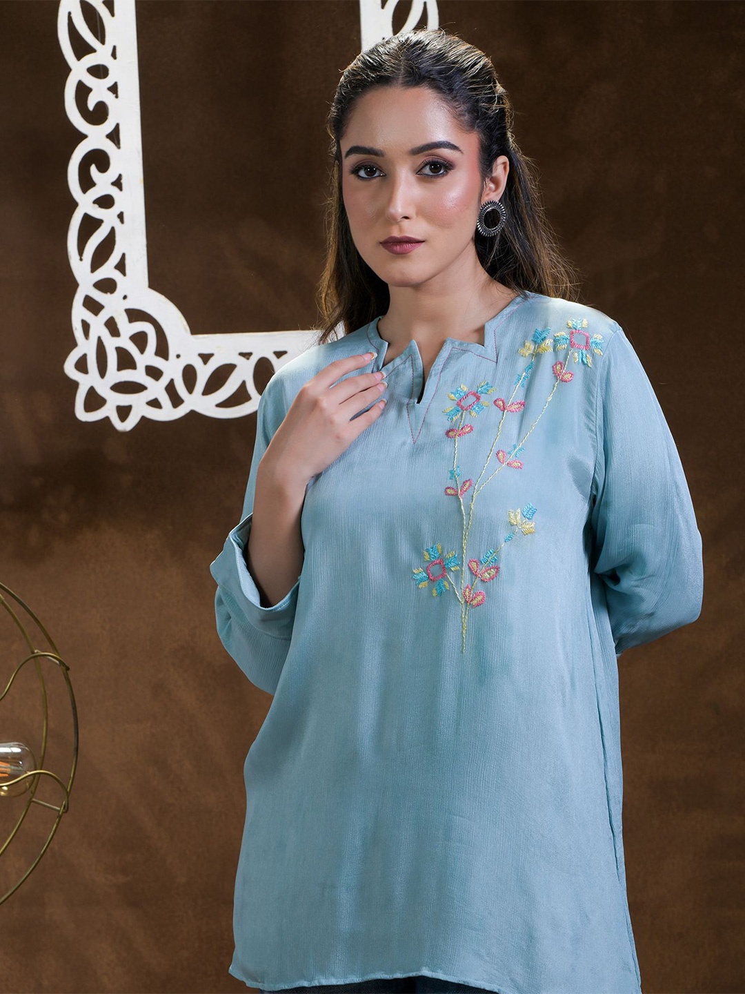 

Phulkari Forever Embellished Embroidered Mandarin Collar Chiffon Top, Blue