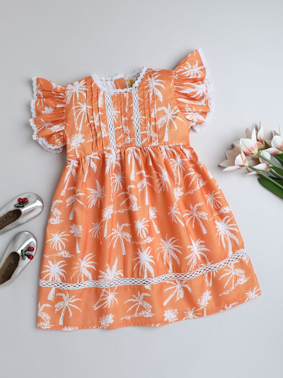 

AWW HUNNIE Floral Print Flutter Sleeve Fit & Flare Dress, Orange