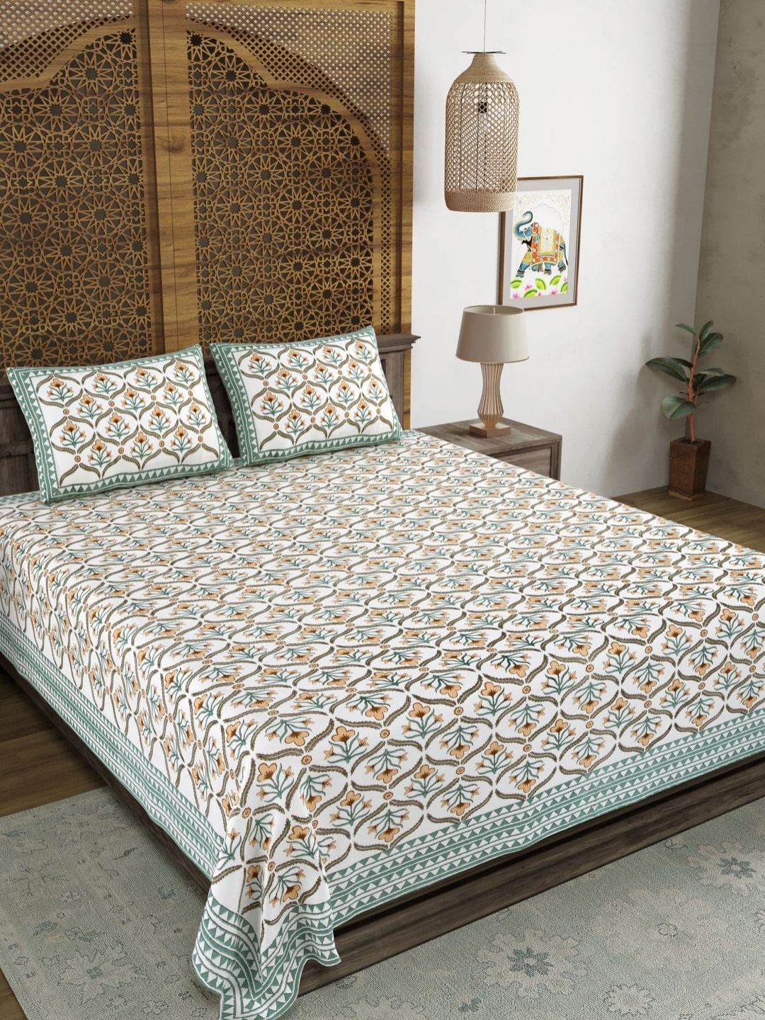 

BLOCKS OF INDIA Green & White Ethnic Motifs 210 TC King Bedsheet with 2 Pillow Covers