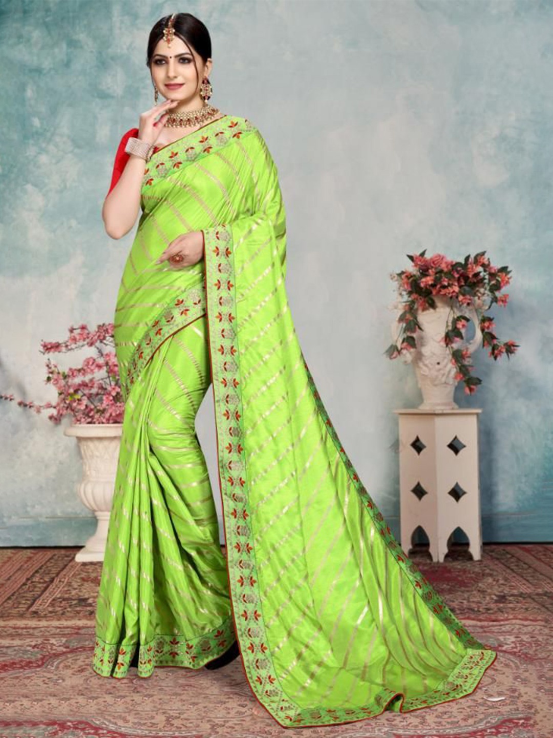 

AKSH FASHION Leheriya Pure Georgette Leheriya Saree, Lime green