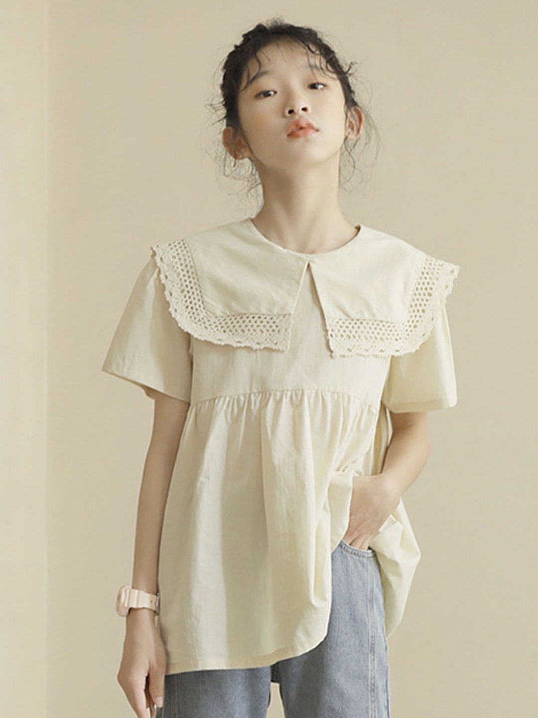 

LULU & SKY Striped Mandarin Collar Cotton Top, Beige