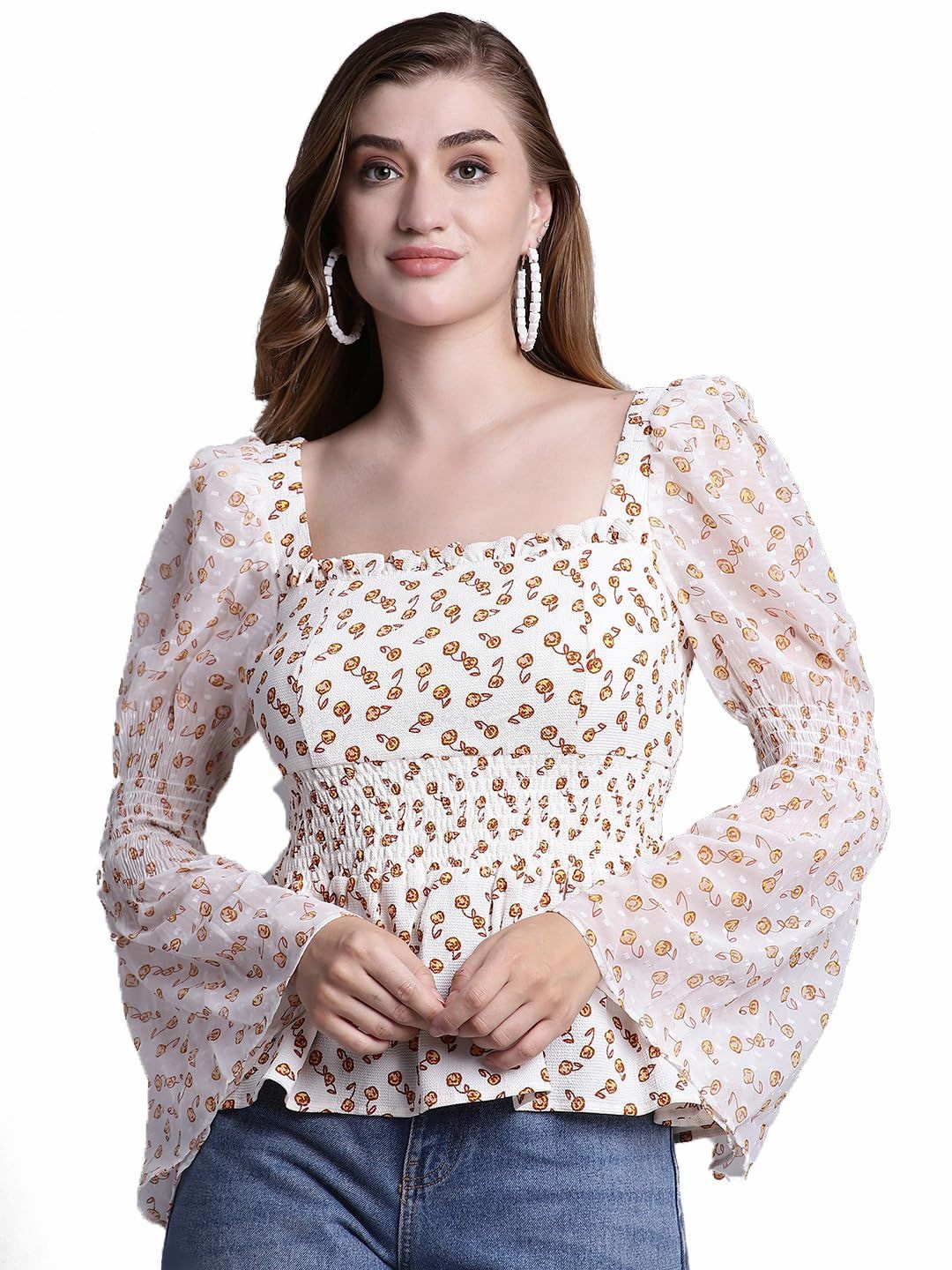 

SZN Floral Print Bell Sleeve Cotton Top, Off white
