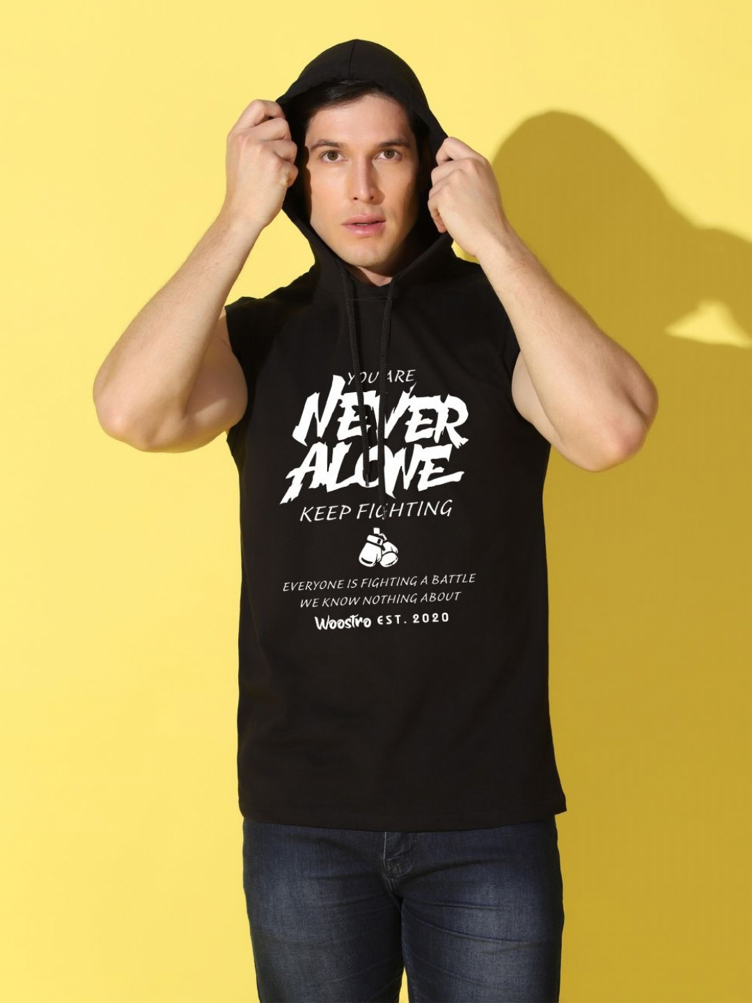 

WOOSTRO Men Typography Printed Hooded Slim Fit T-shirt, Black