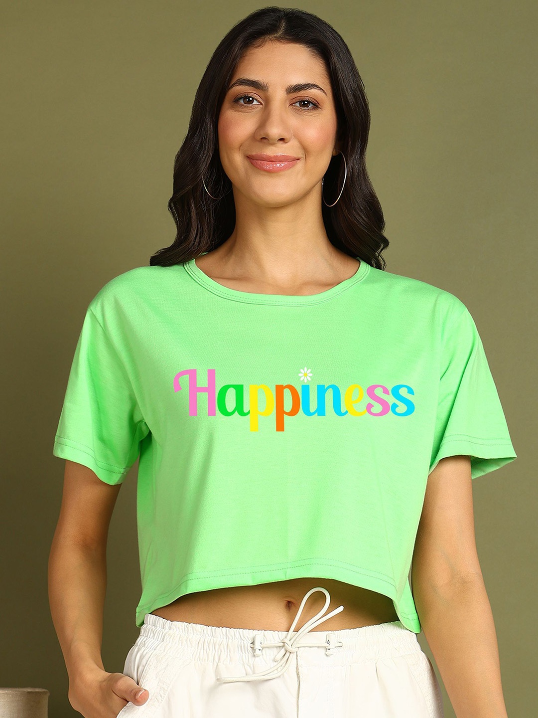 

Moda Rapido Women Printed Drop-Shoulder Sleeves Bio Finish Applique T-shirt, Green