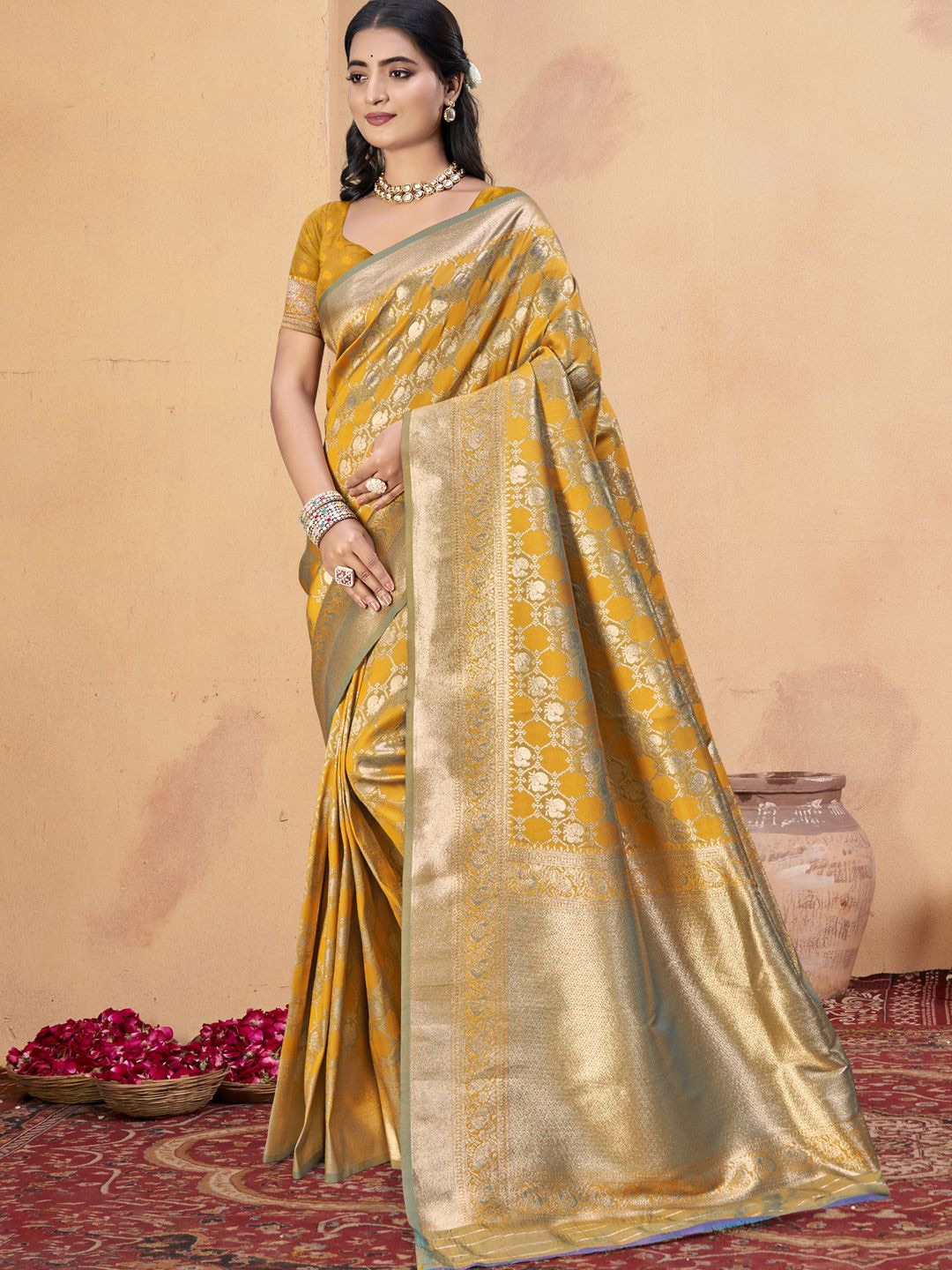 

SANGAM PRINTS Woven Design Zari Silk Blend Designer Tussar Saree, Yellow