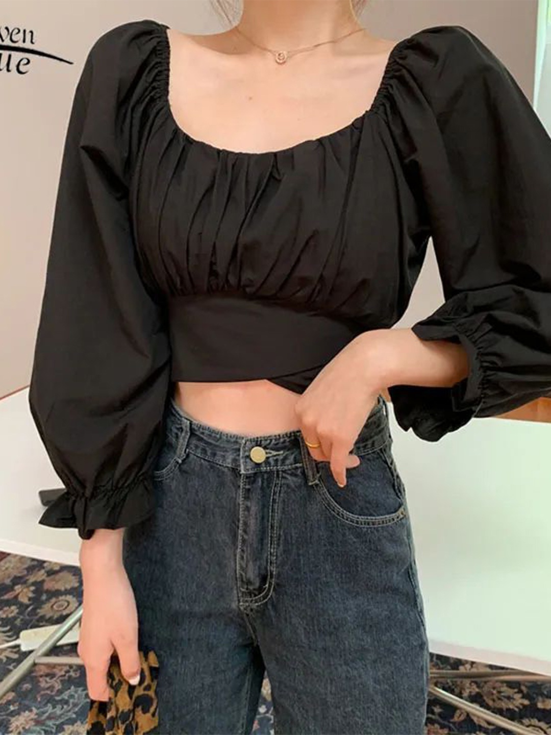 

NiloBerry Bell Sleeve Chiffon Blouson Crop Top, Black