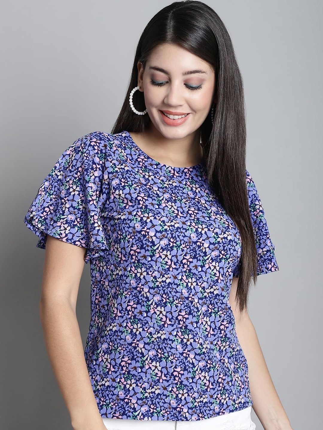 

SZN Floral Print Flared Sleeve Top, Purple