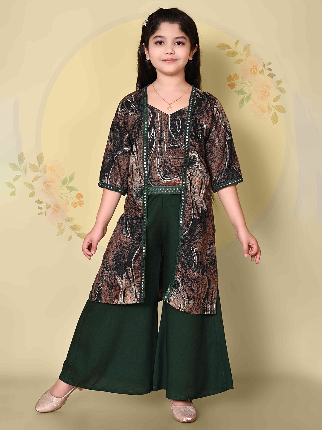 

SK DRESSES Girls Printed Top with Palazzos, Green