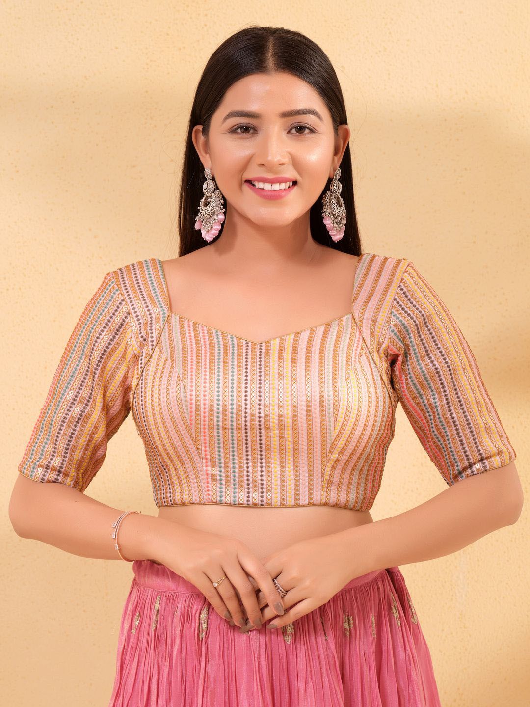 

VAMAS - THE DESIGNER BLOUSES Women Square Neck Padded Saree Blouse, Peach