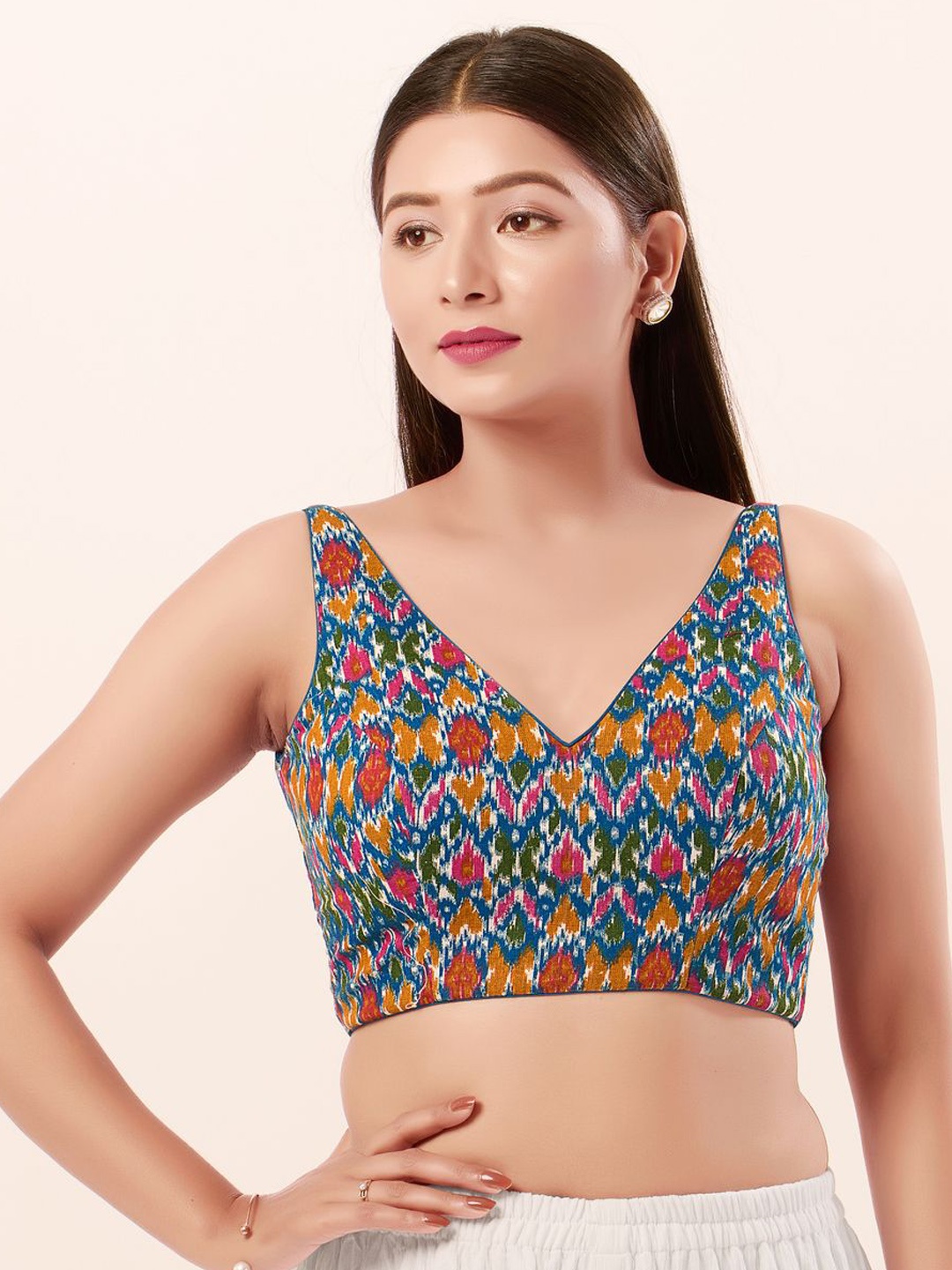 

VAMAS - THE DESIGNER BLOUSES Women V-Neck Padded Saree Blouse, Blue