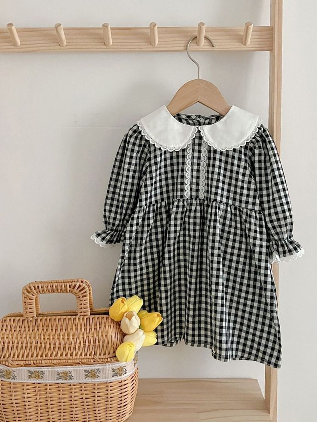 

LULU & SKY Checked Peter Pan Collar A-Line Dress, Black