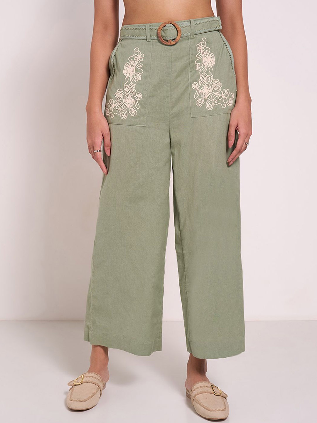 

AKKRITI BY PANTALOONS Women Embroidered Flared Trousers, Olive