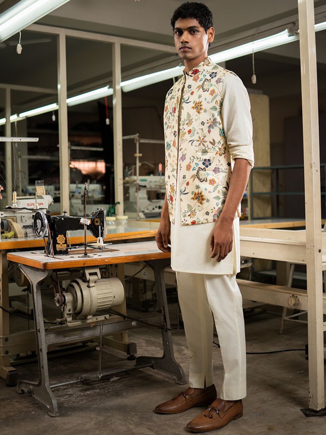 

Project Bandi Printed Satin Nehru Jacket, Off white