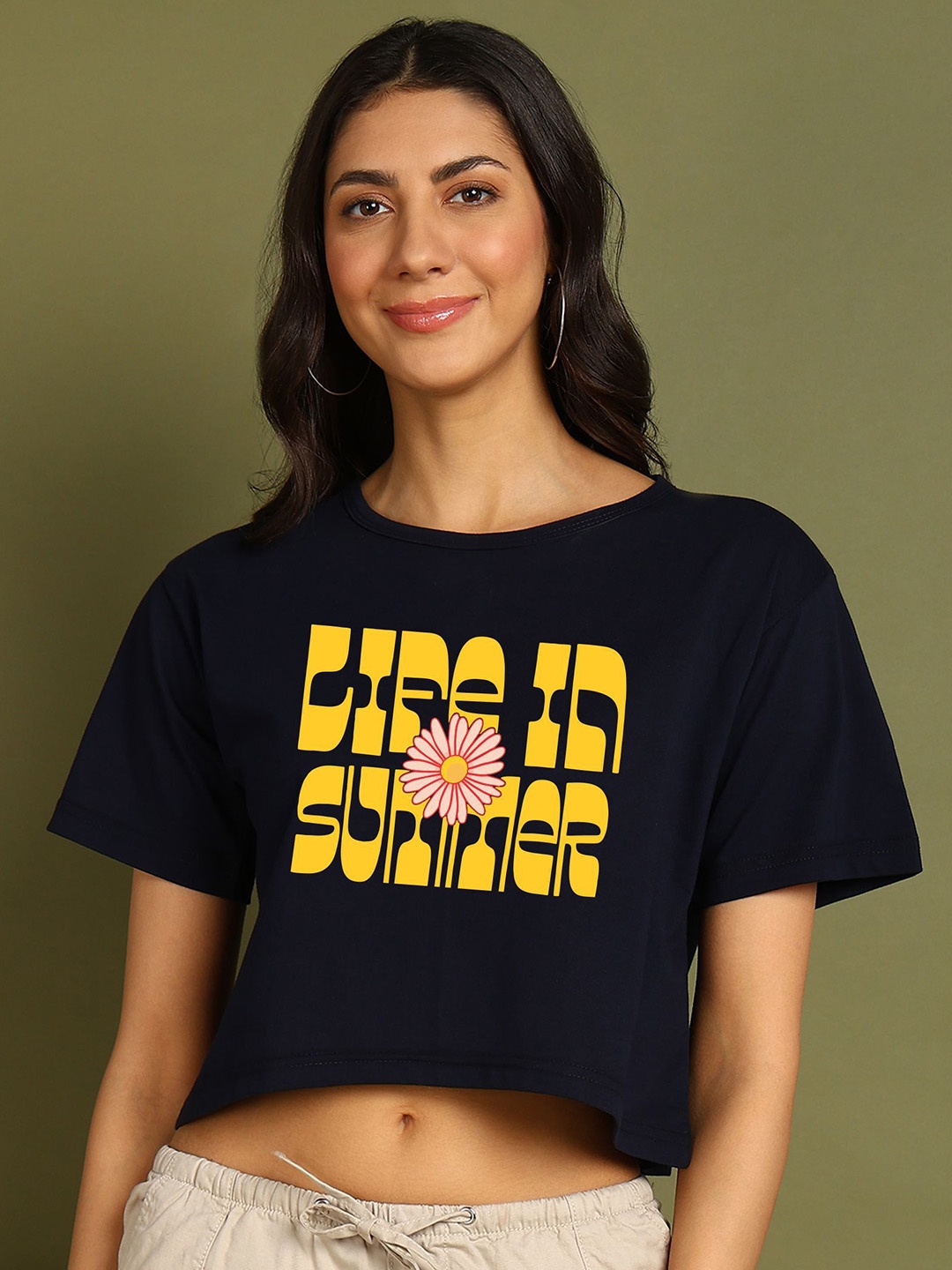 

Moda Rapido Women Printed Drop-Shoulder Sleeves Bio Finish T-shirt, Navy blue