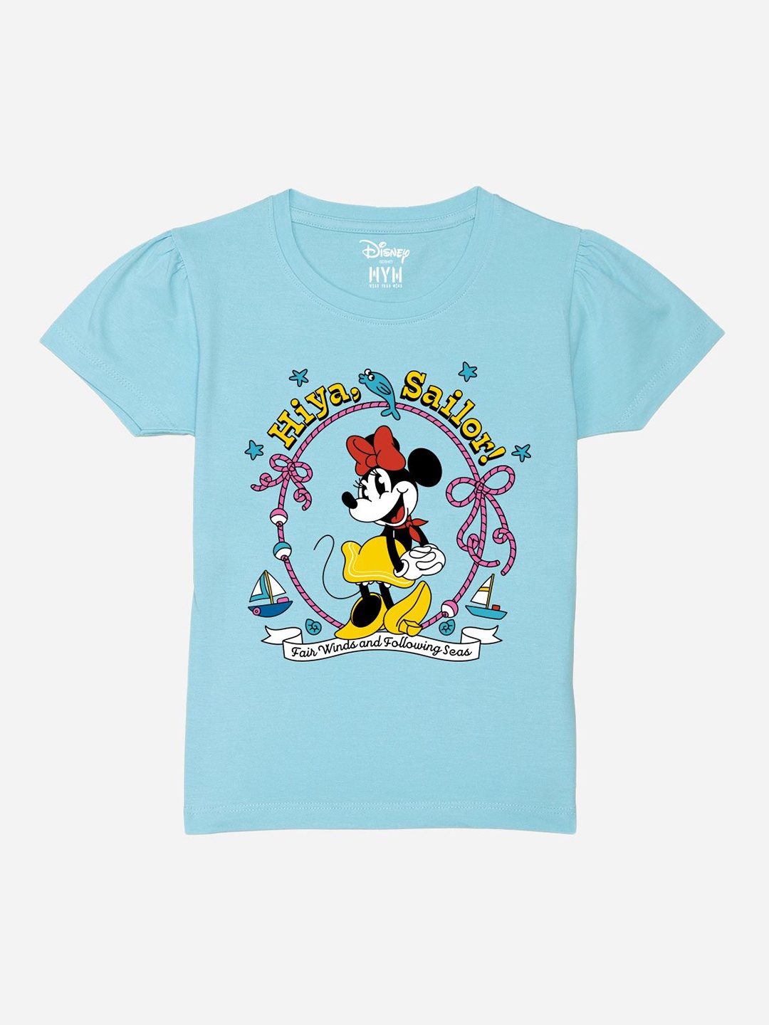 

Wear Your Mind Girls Minnie Mouse Printed Puff Sleeves Pure Cotton T-shirt, Blue