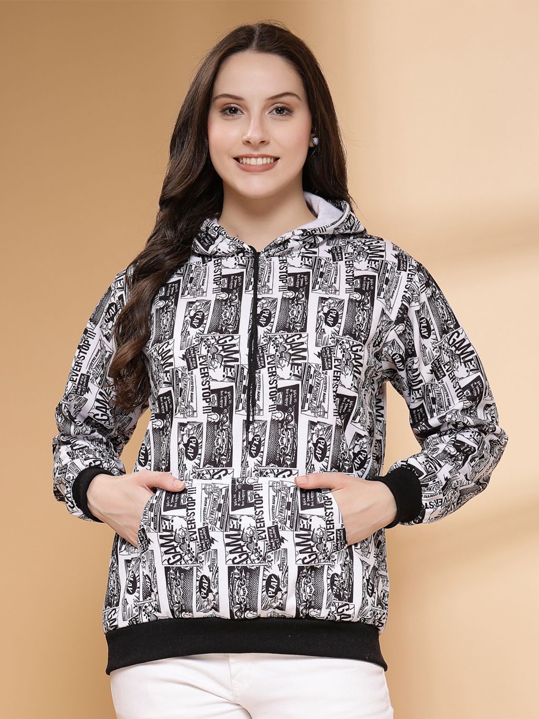 

RATSHIKA Women Printed Hooded Sweatshirt, Black