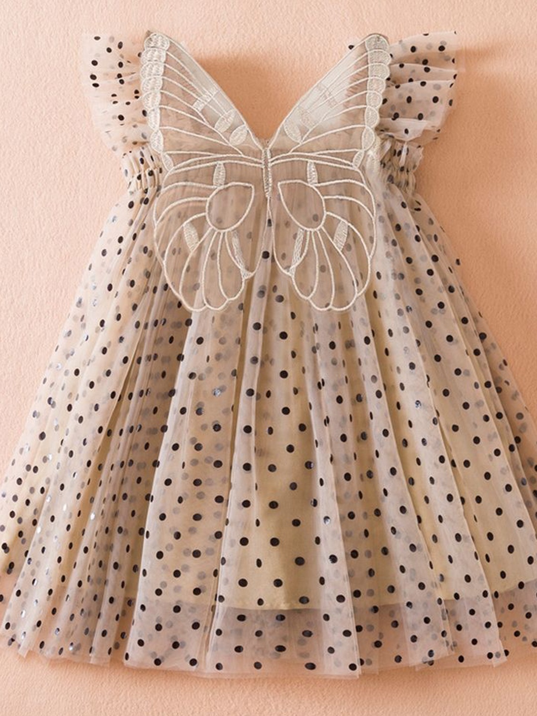 

LULU & SKY Polka Dot Print Flutter Sleeve A-Line Dress, Beige