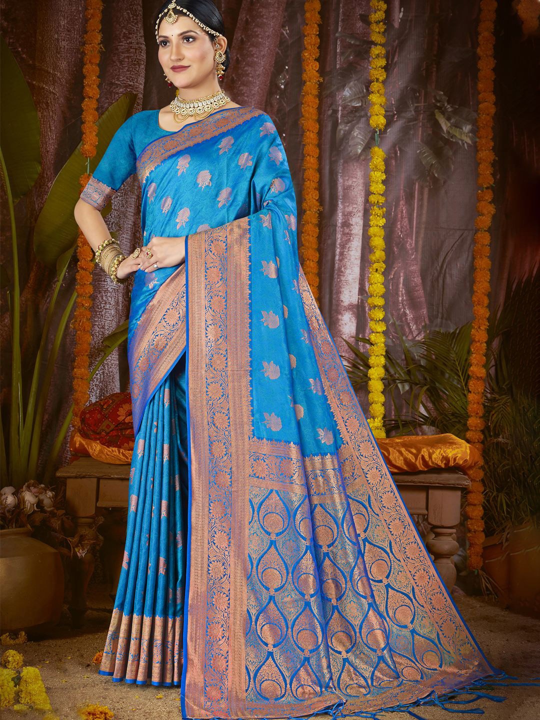 

SANGAM PRINTS Woven Design Zari Silk Blend Tussar Saree, Blue