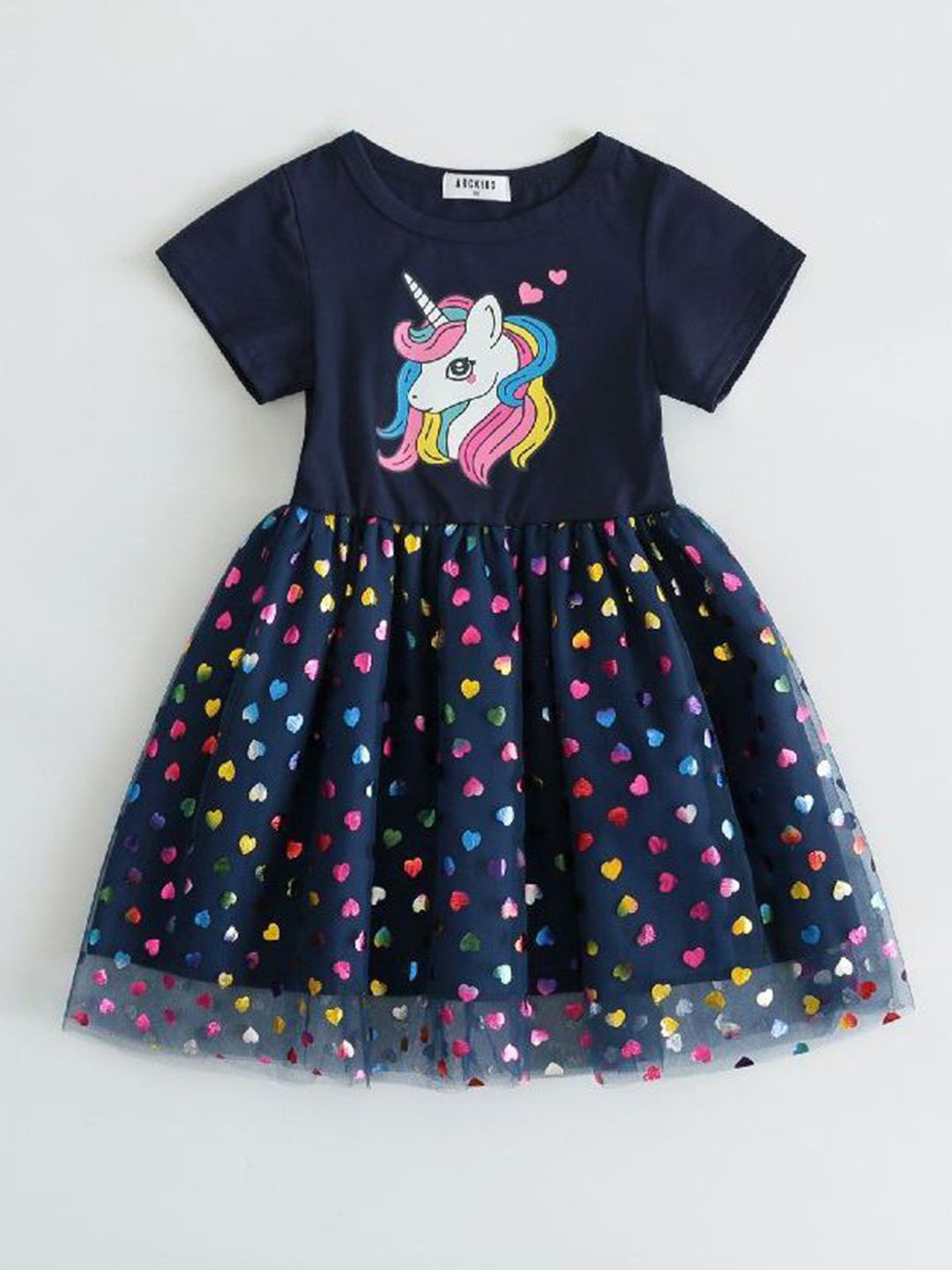 

YK Print Fit & Flare Dress, Navy blue