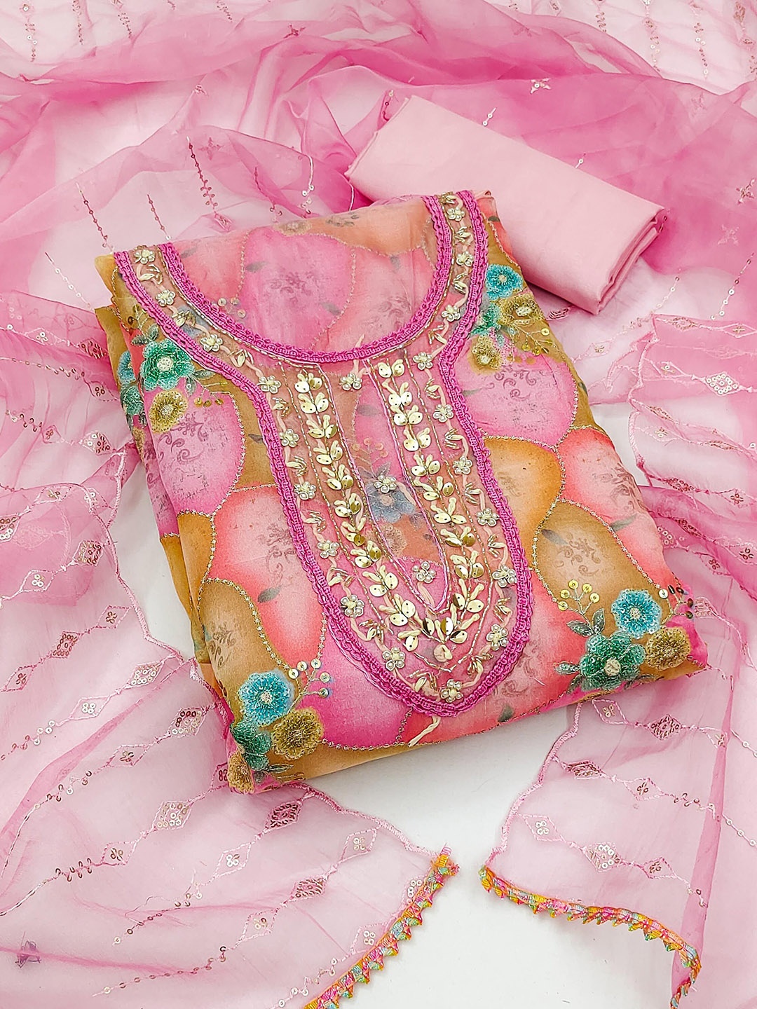 

SHADOW & SAINING Embellished Organza Semi-Stitched Dress Material, Pink