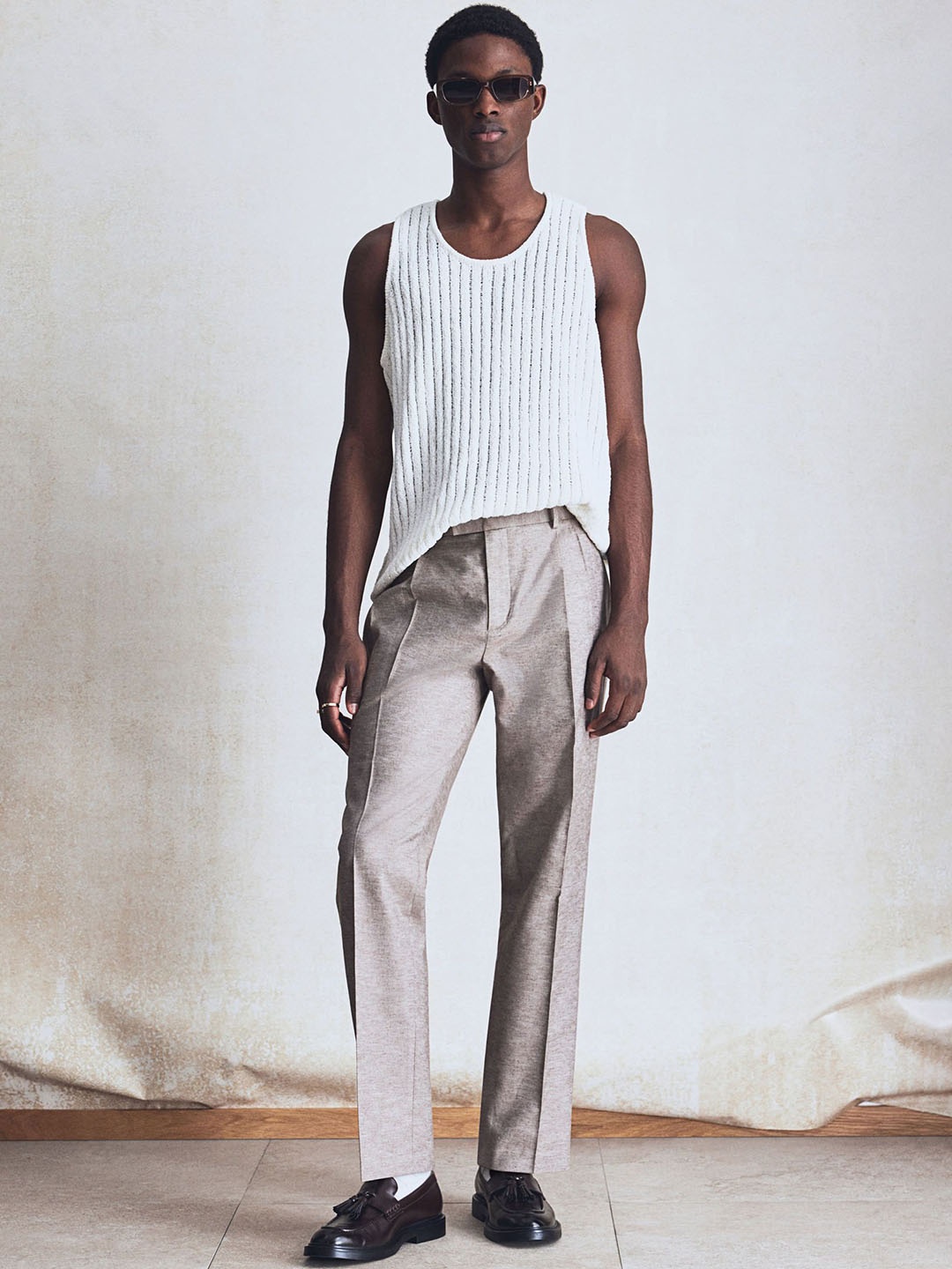 

H&M Regular Fit Tailored Linen-Blend Trousers, Beige
