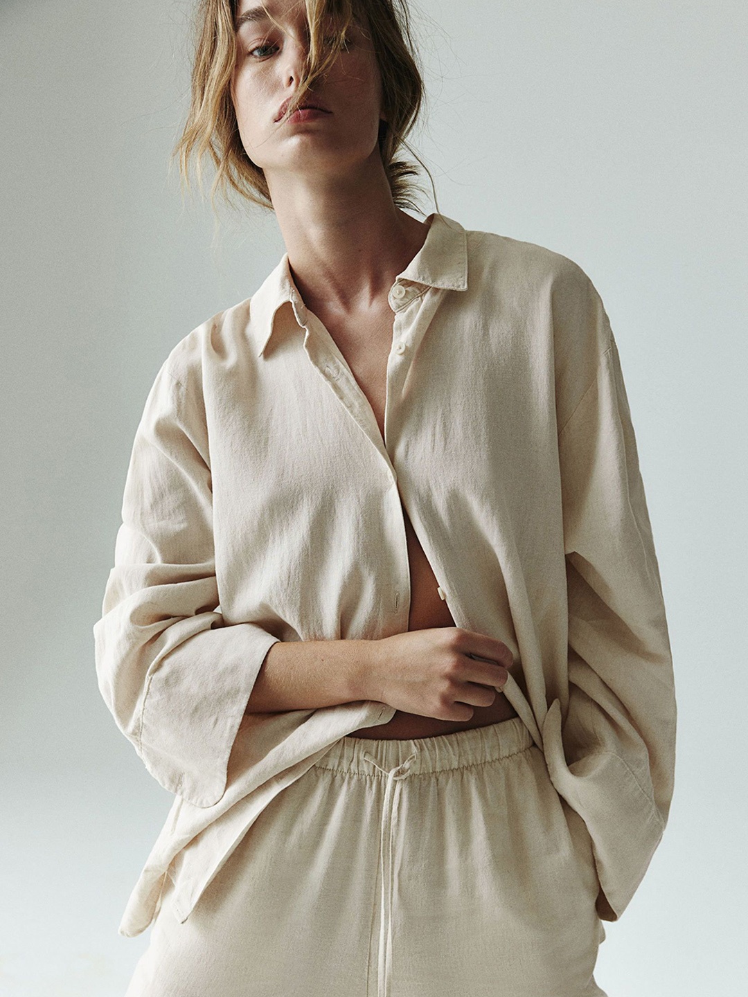 

H&M Wide Linen-Blend Trousers, Beige