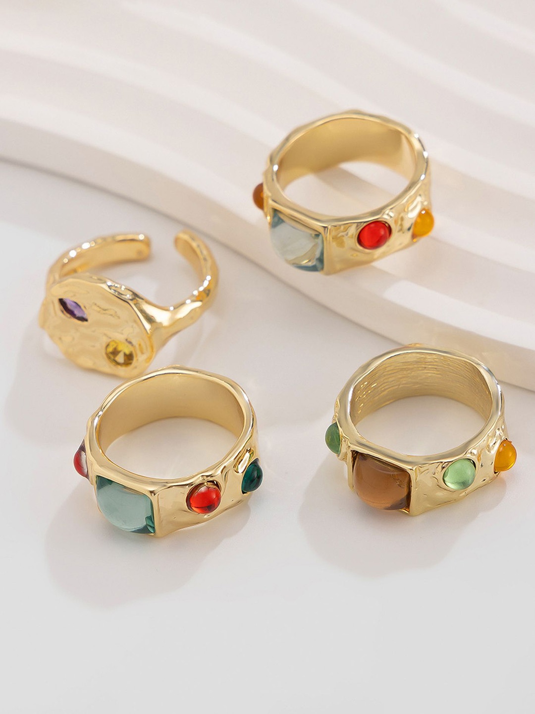 

LULU & SKY Set Of 4 Gold-Plated Stone-Studded Adjustable Finger Rings