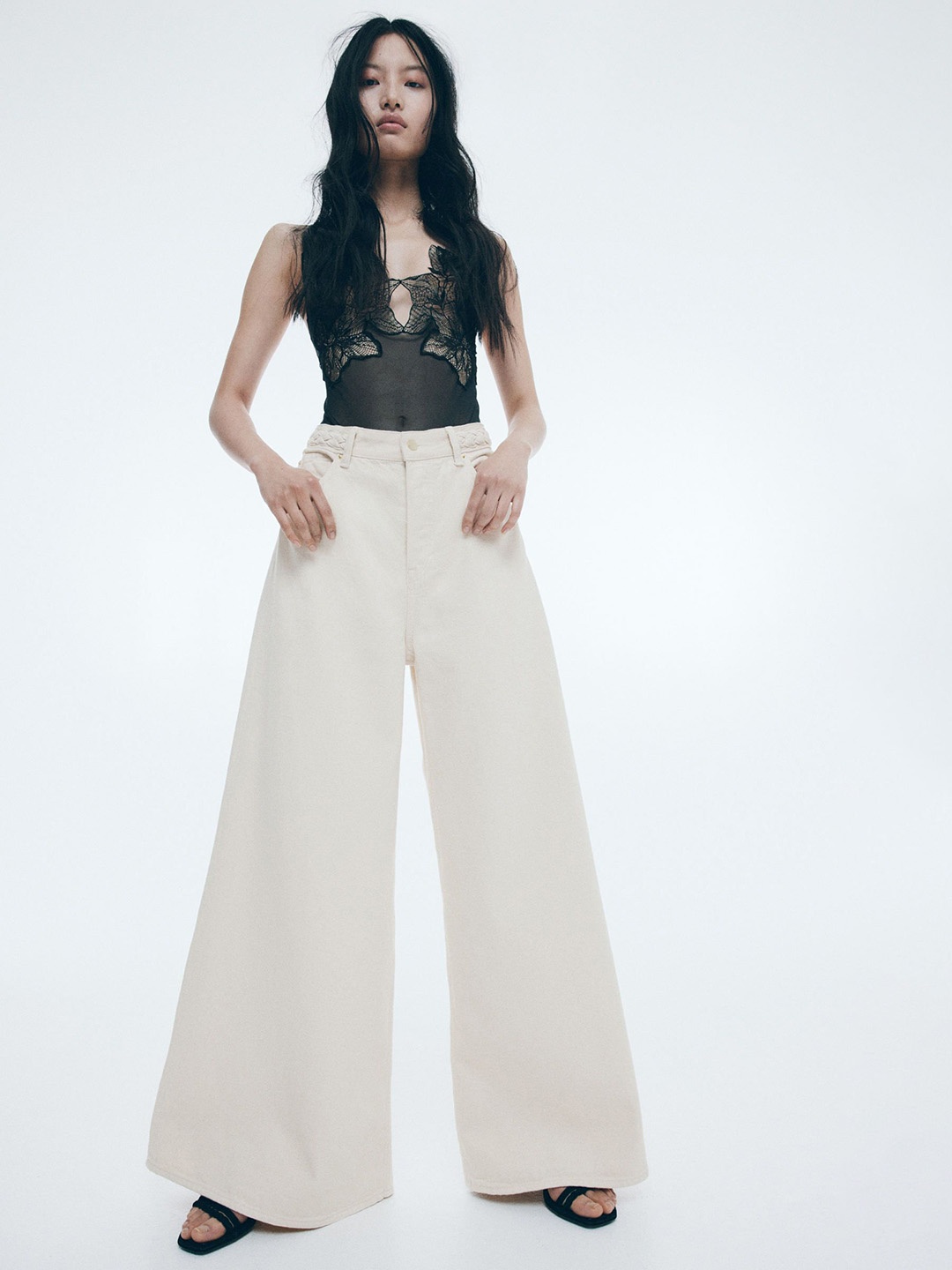 

H&M Wide Braided Jeans, Beige
