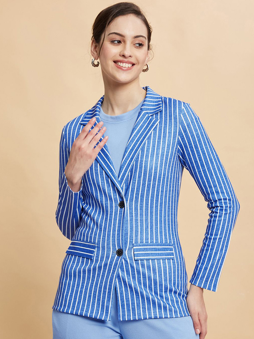 

Moda Rapido Women Multi Stripes Opaque Striped Casual Blazer, Blue