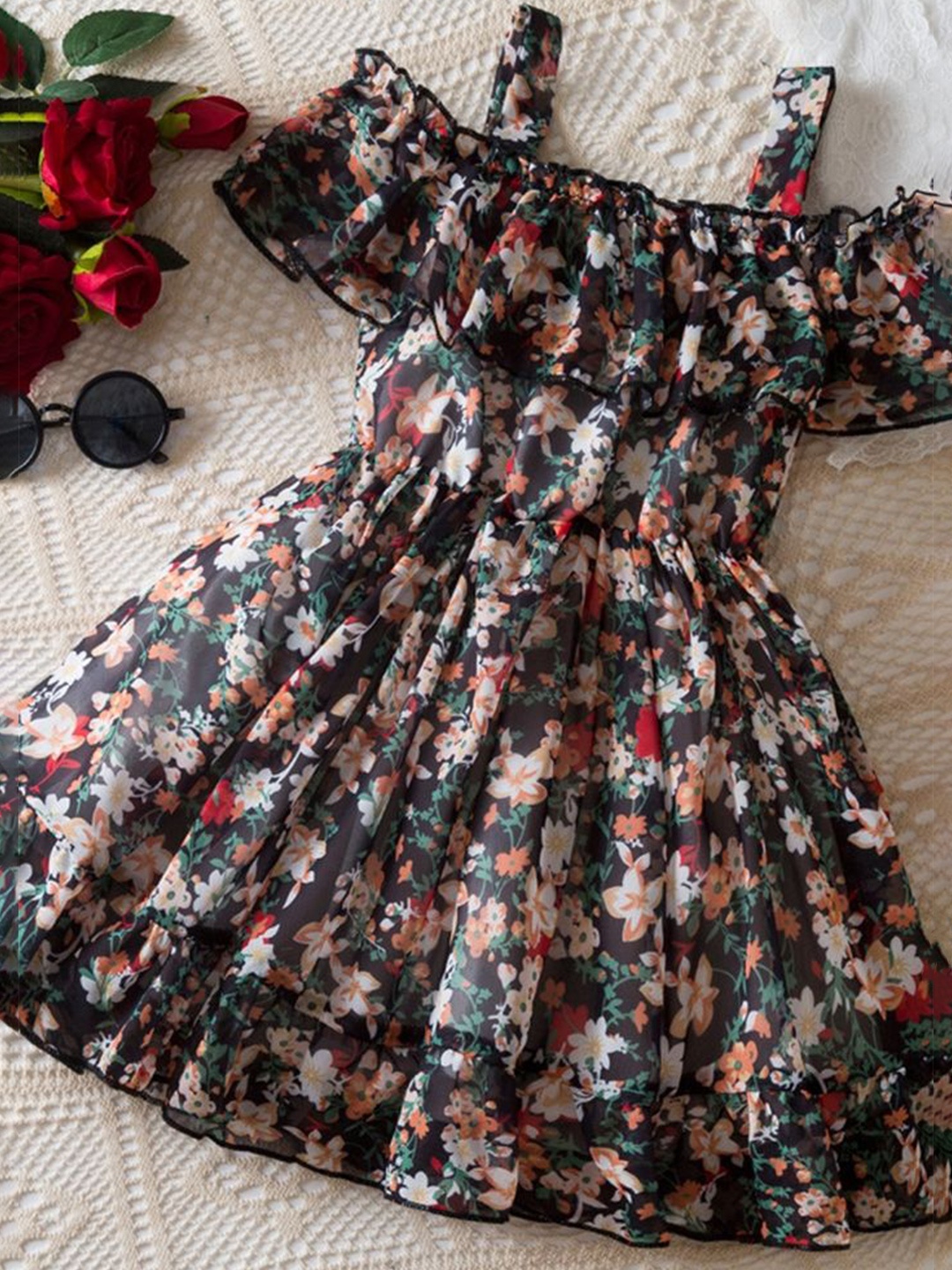 

LULU & SKY Floral Print Cold-Shoulder Fit & Flare Dress, Multi