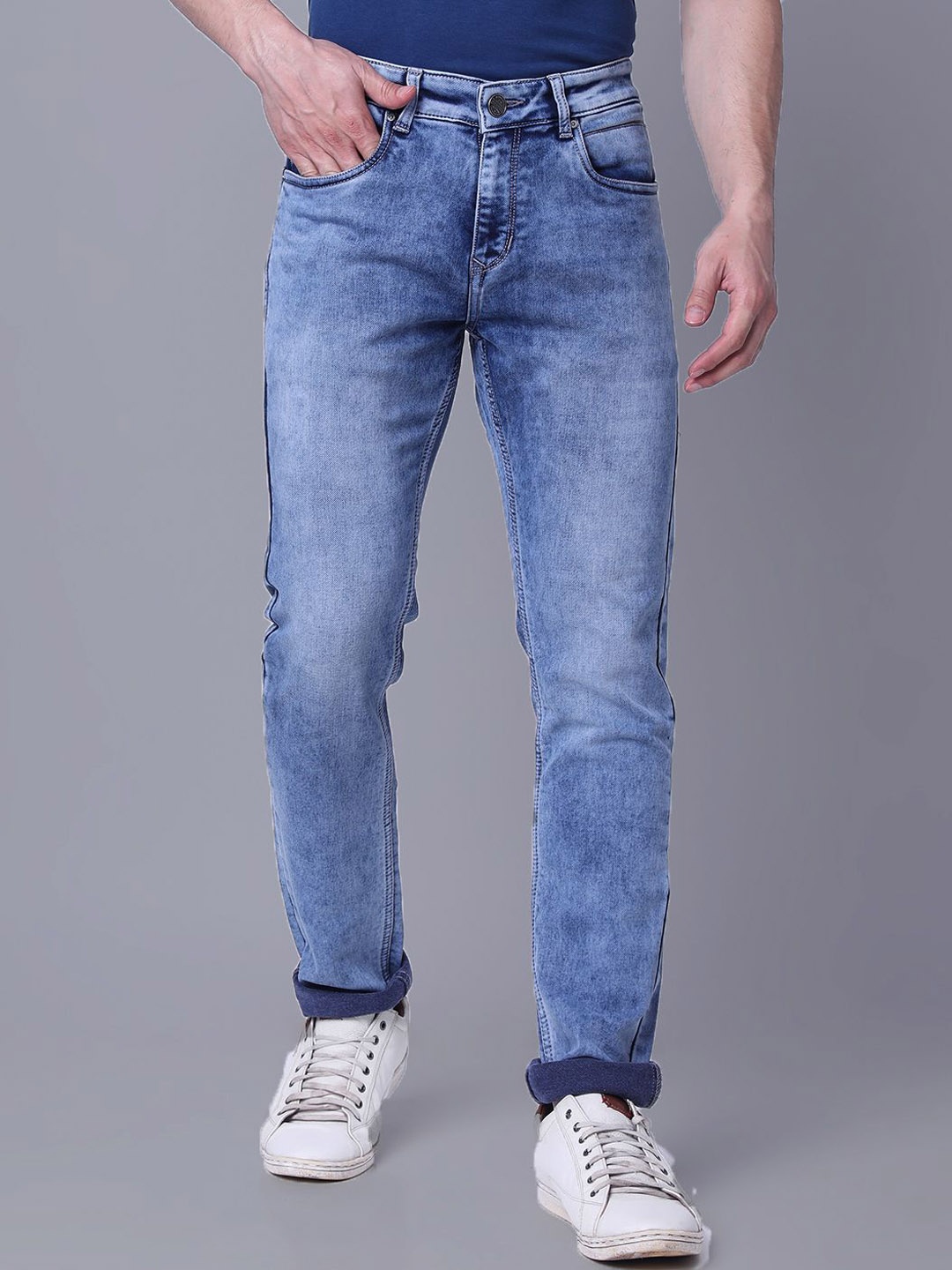 

fineblu Men Slim Fit Slash Knee Heavy Fade Stretchable Jeans, Blue