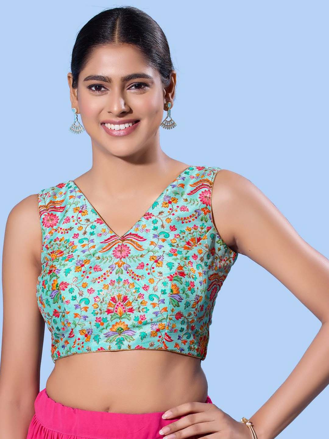 

VAMAS - THE DESIGNER BLOUSES Women V-Neck Padded Saree Blouse, Blue