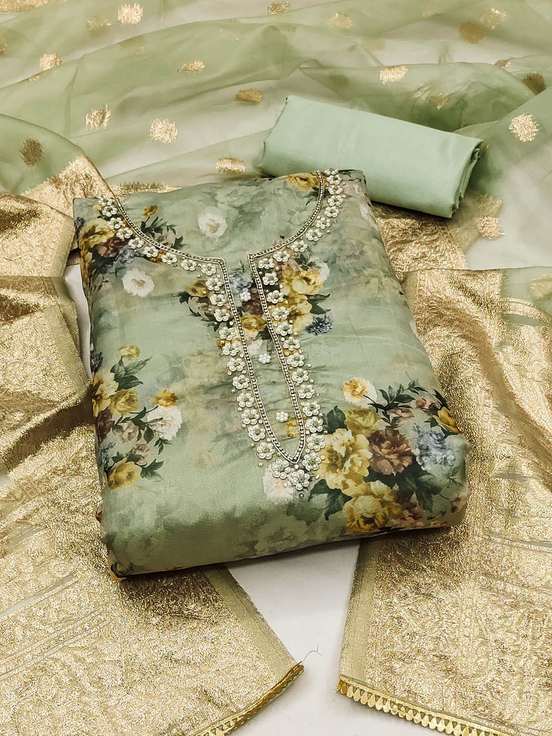 

SHADOW & SAINING Embellished Organza Semi-Stitched Dress Material, Sea green