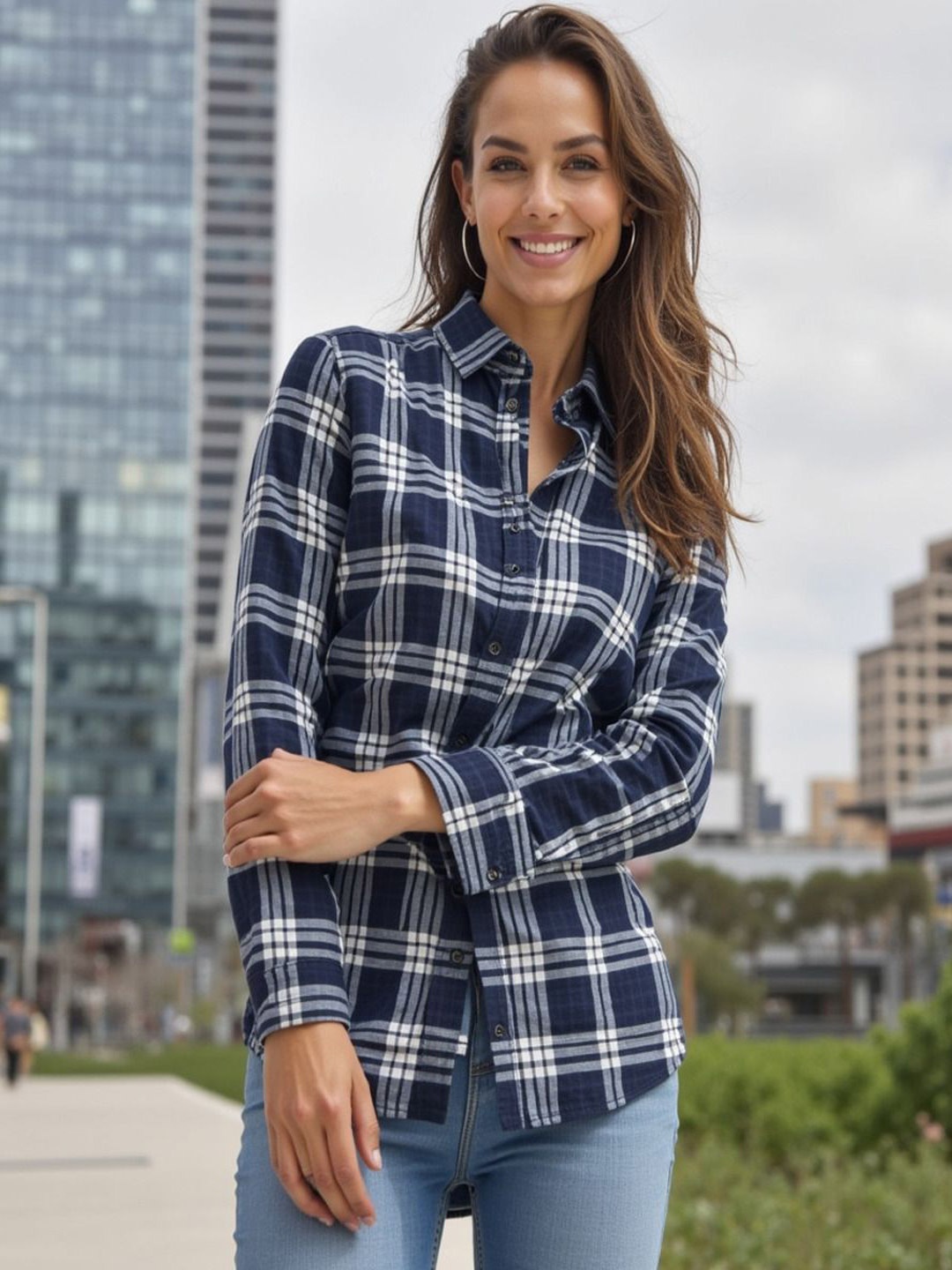 

Shiv traders collection Women Tartan Checks Opaque Checked Casual Shirt, Navy blue