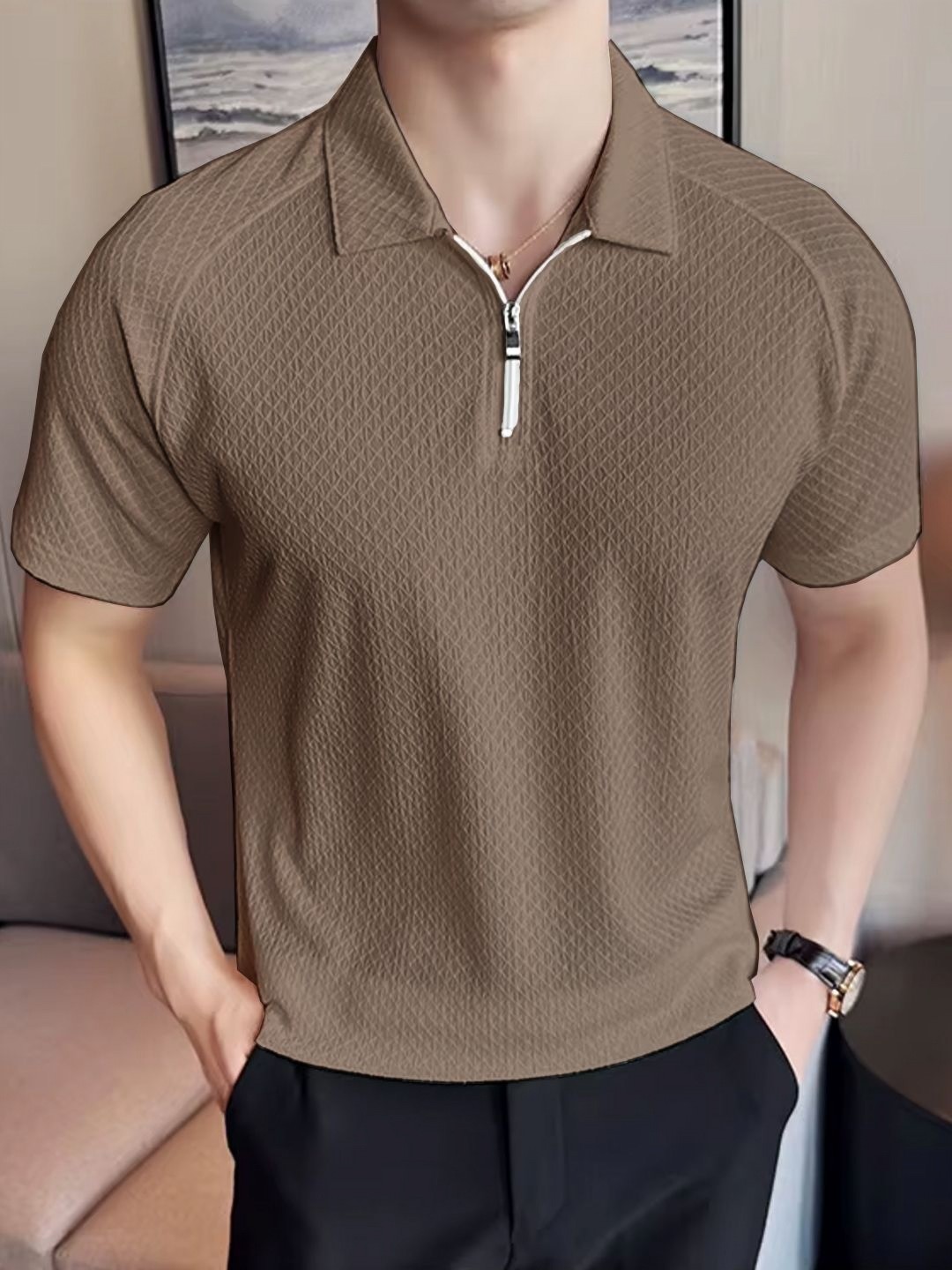 

madfrog Men Polo Collar Pockets T-shirt, Brown