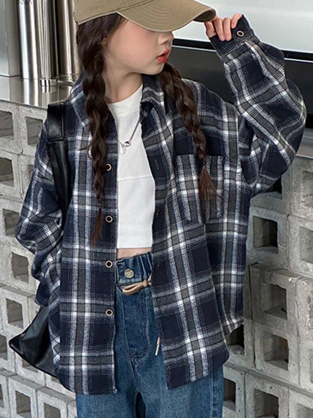 

LULU & SKY Girls Tartan Checks Opaque Checked Casual Shirt, Navy blue