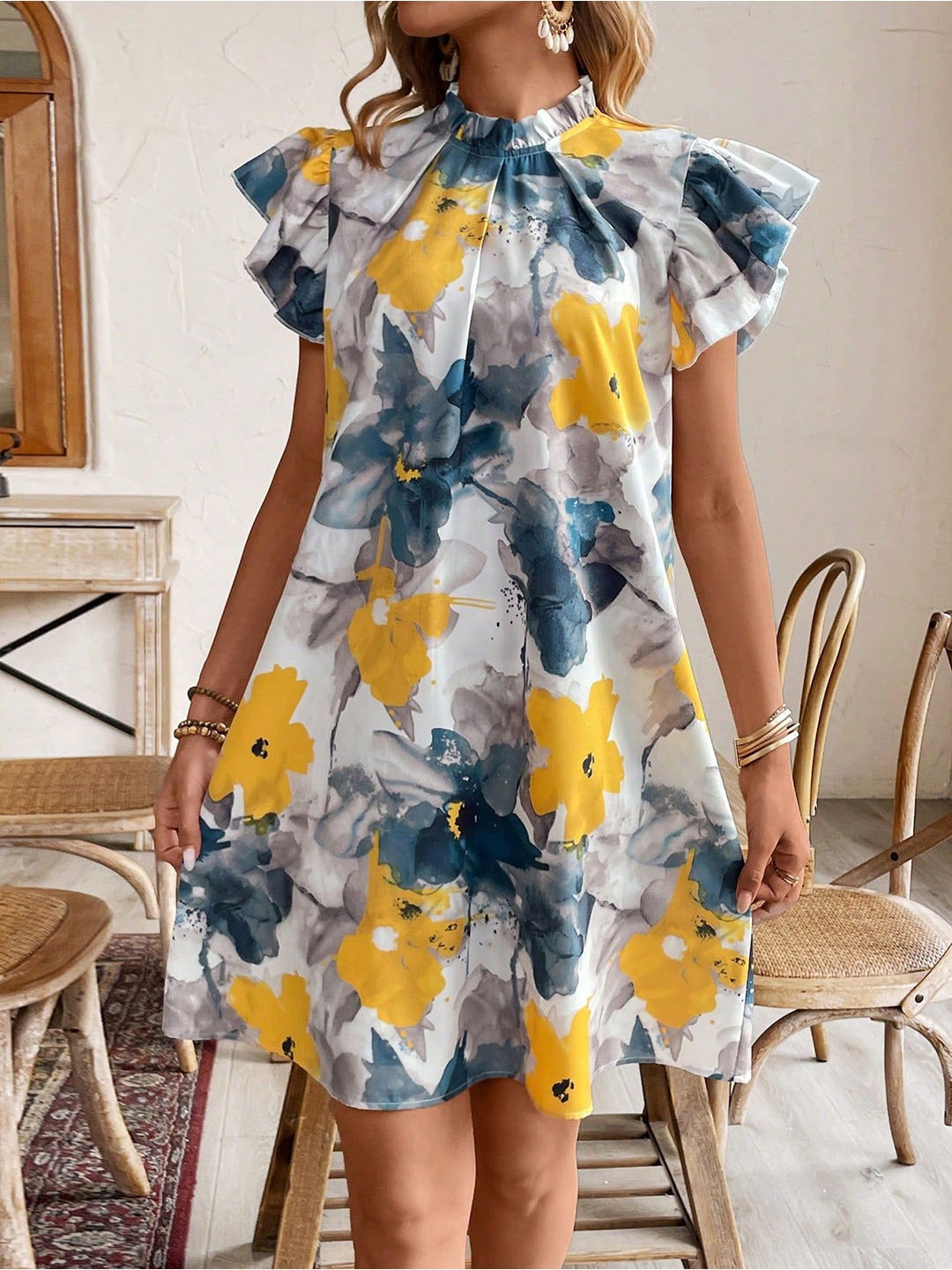 

StyleCast x Revolte Floral Print Ruffled A-Line Dress, Yellow