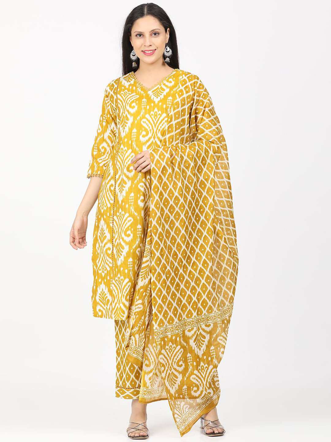

GLORY & I Women Printed Regular Thread Work Pure Cotton Kurta with Trousers & With Dupatta, Mustard