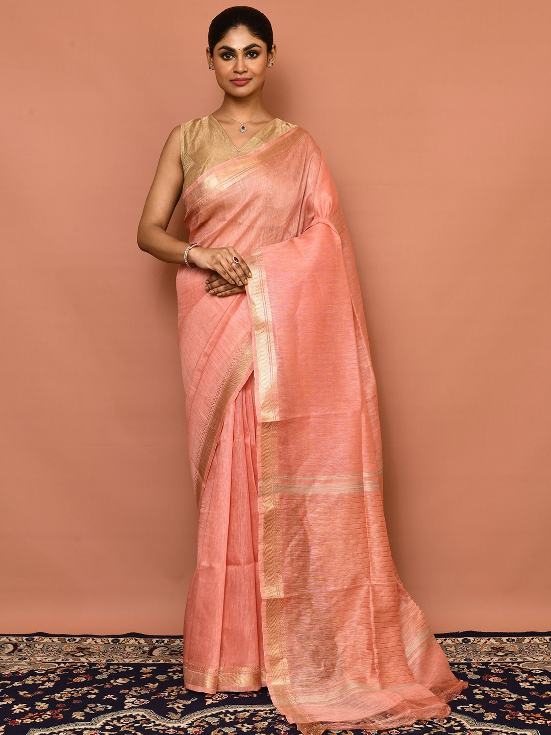 

THREAD SAGA Woven Design Zari Linen Blend Tussar Saree, Peach