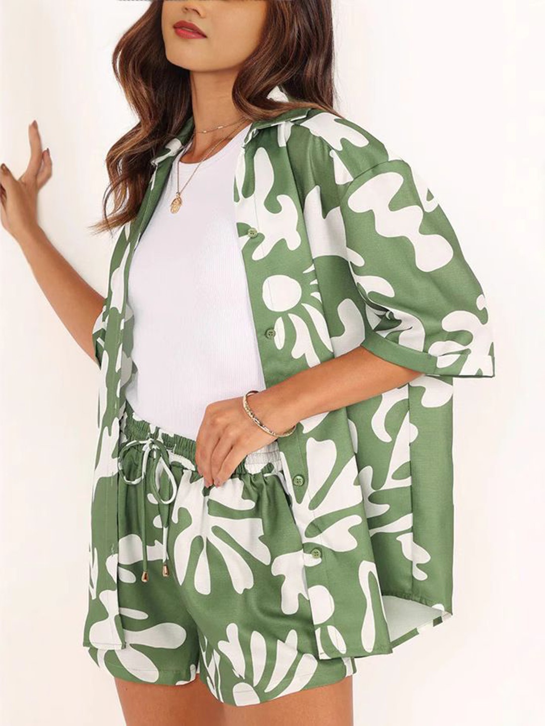 

Mast & Harbour Printed Shirt Collar Shirt With Shorts Co-Ords Set, Green