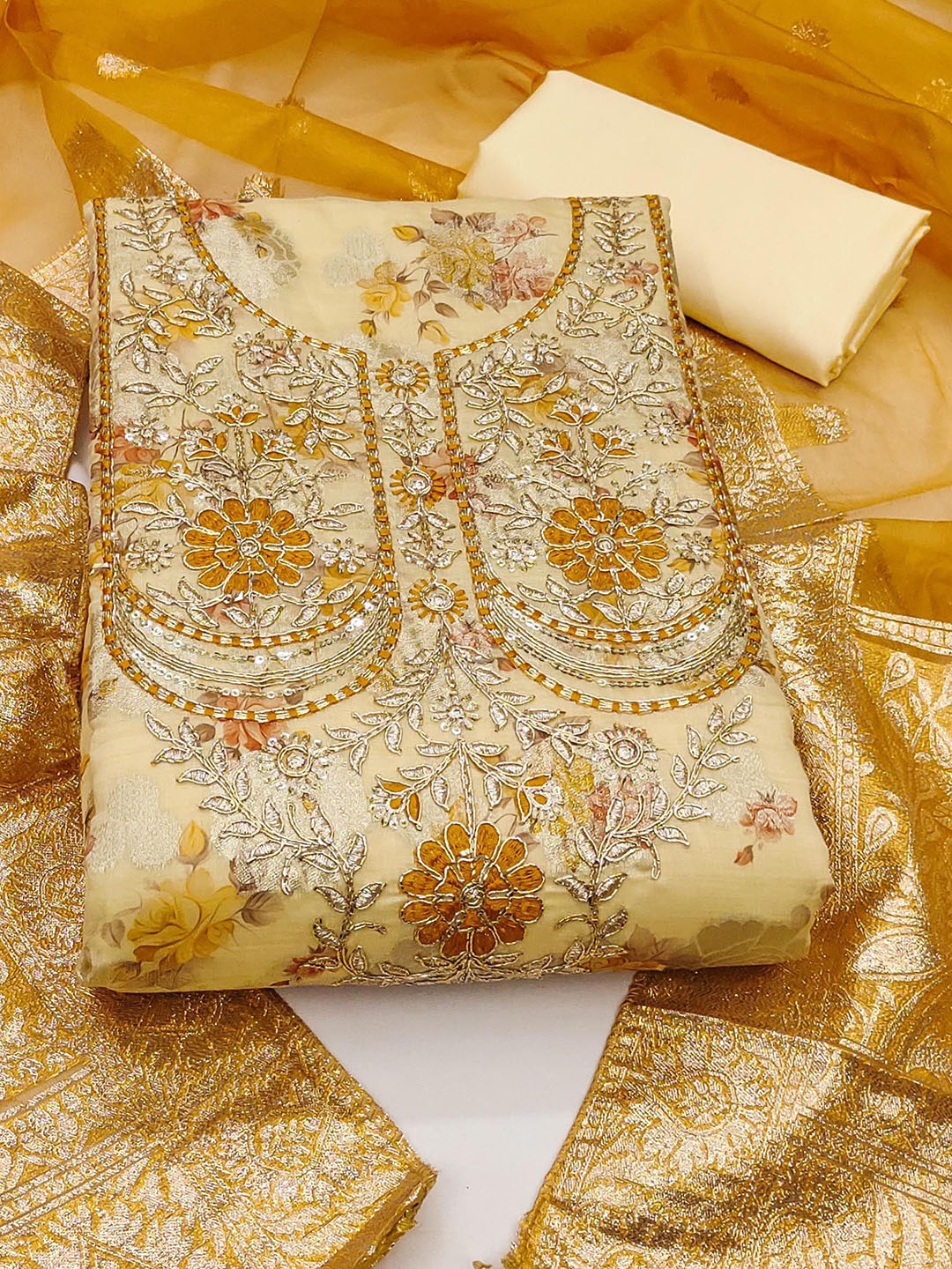 

SHADOW & SAINING Semi-Stitched Dress Material, Beige