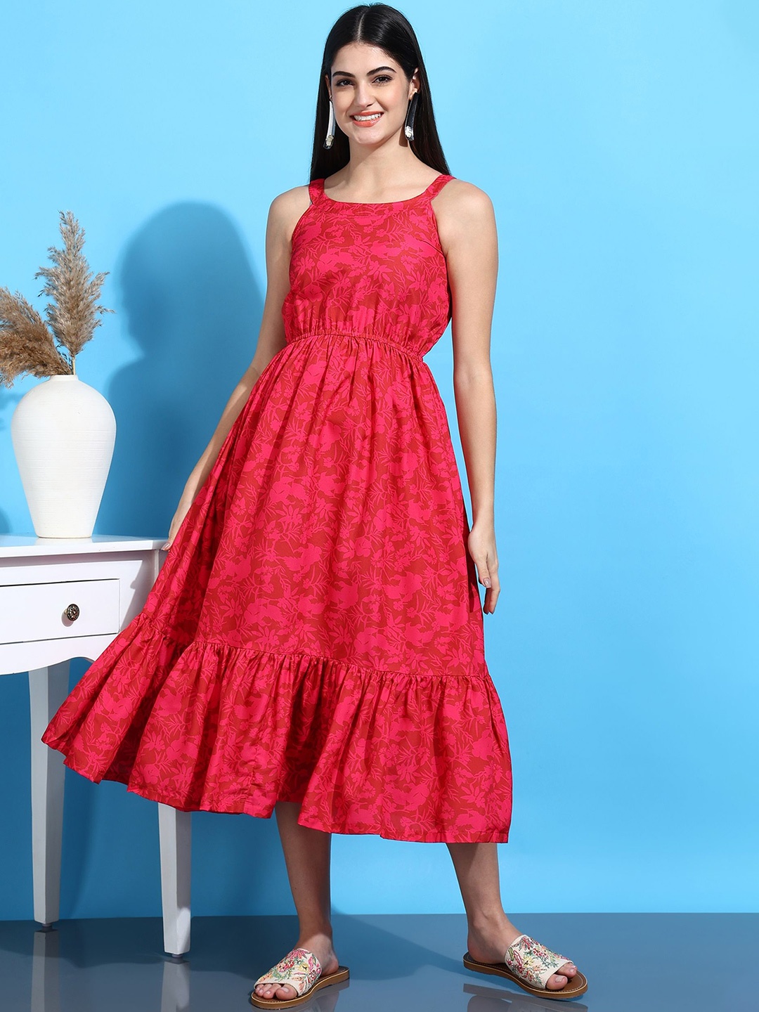 

EVANORA Floral Print Crepe Fit & Flare Midi Dress, Pink
