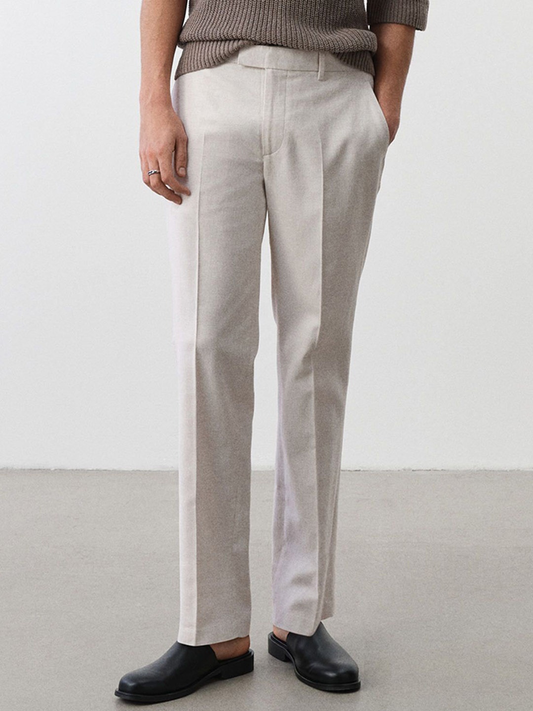 

H&M Regular Fit Tailored Linen-Blend Trousers, Beige