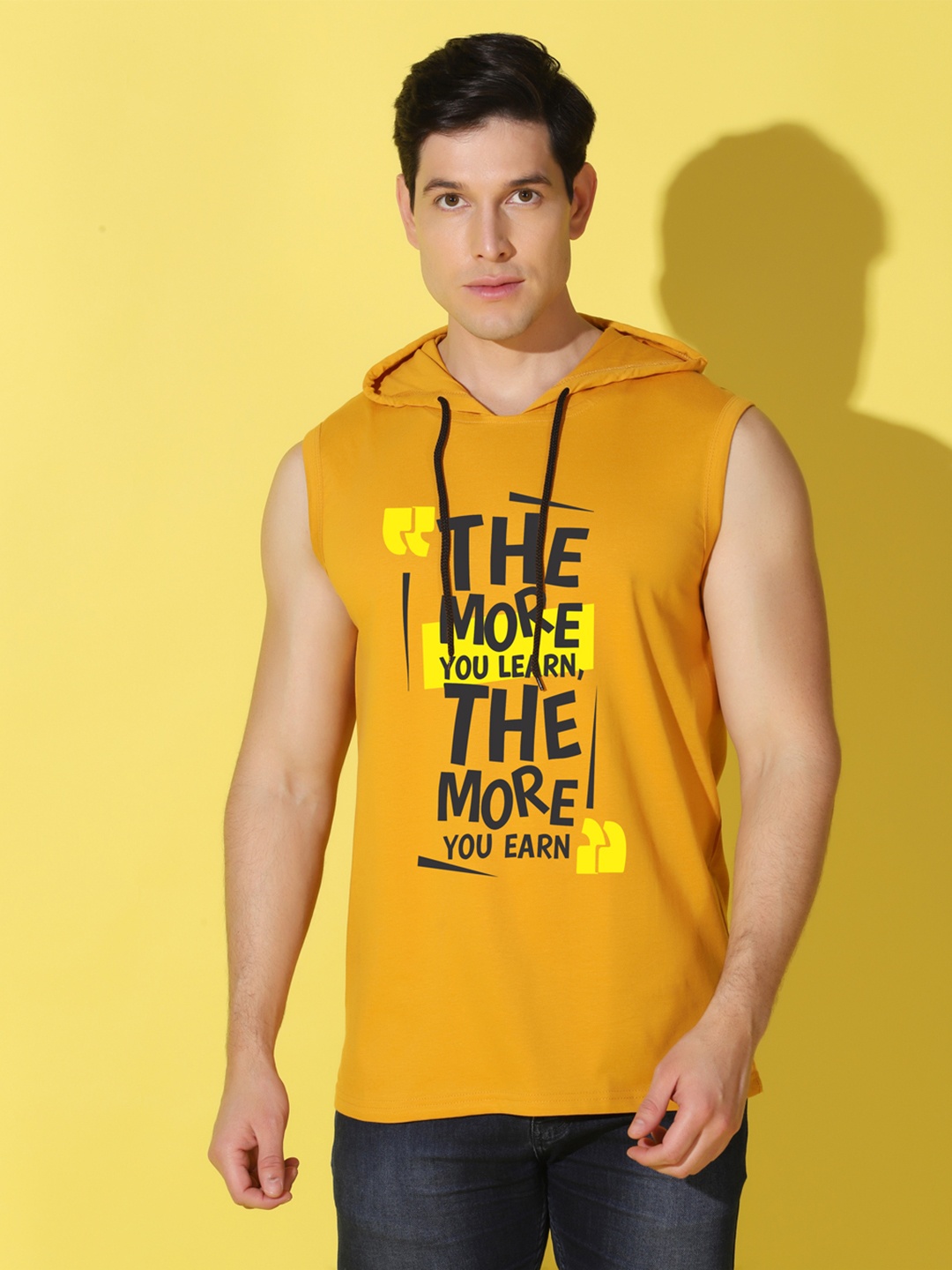 

WOOSTRO Men Typography Printed Hooded Slim Fit T-shirt, Mustard