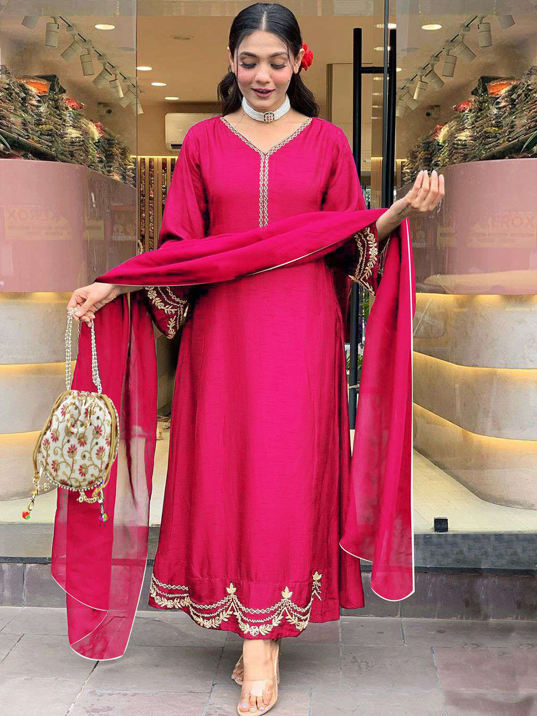 

KALINI Women Yoke Design Regular Thread Work Kurta with Trousers & With Dupatta, Pink