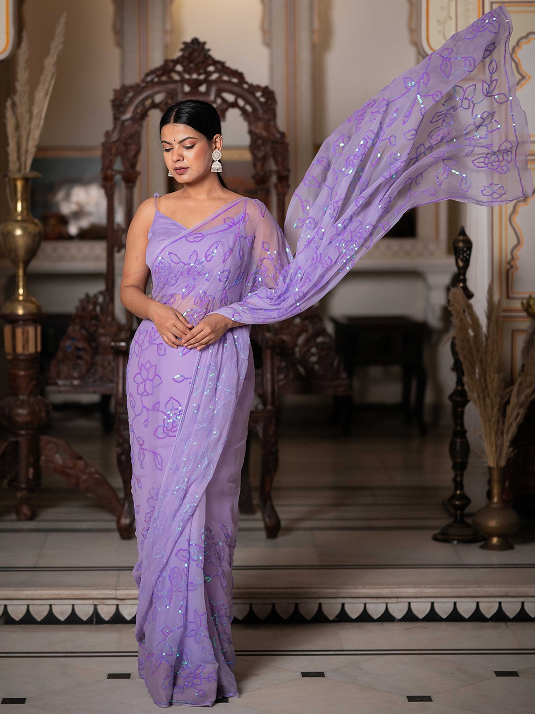 

HOUSE OF BAISA Embellished Sequinned Pure Chiffon Heavy Work Saree, Purple