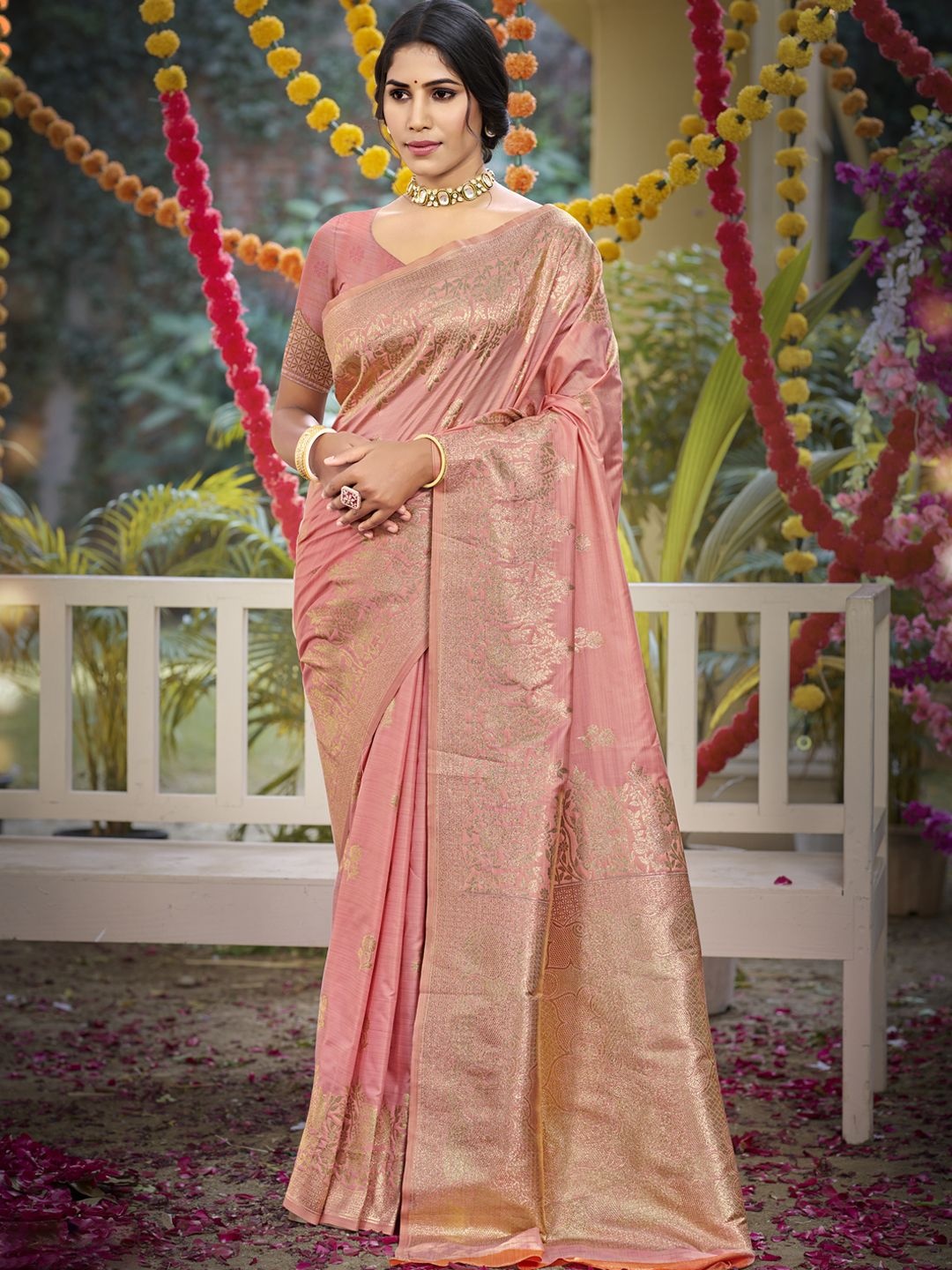 

SANGAM PRINTS Woven Design Zari Silk Blend Tussar Saree, Pink