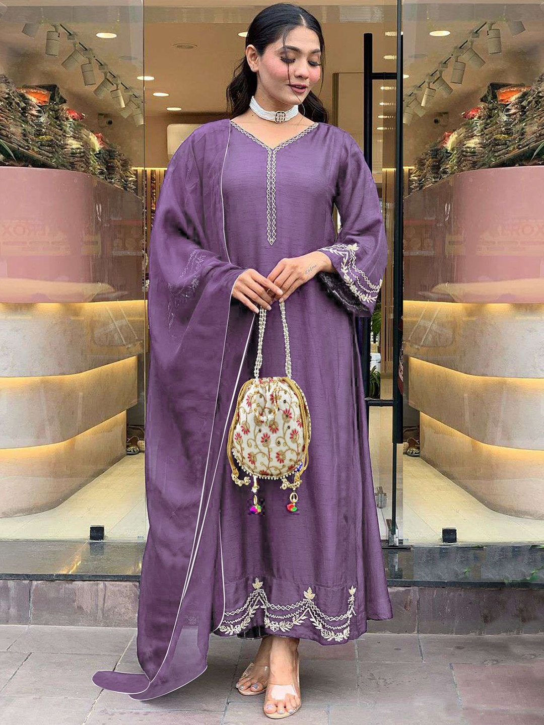 

KALINI Women Ethnic Motifs Embroidered Regular Thread Work Kurta with Trousers & With Dupatta, Purple